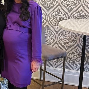 Feather cuff belted shift dress